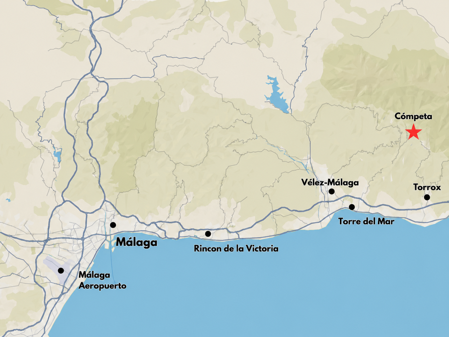 Kaart met de ligging van Cómpeta in de Axarquía, ten opzichte van Málaga en de kust